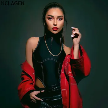 

NCLAGEN 2020 Latest Fashion Sleeveless Stand Collar Zipper Bodysuits Women Slim Fitness Bust Shape Active Rompers Outifts