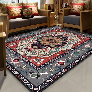 

National Style Rectangular Bedroom Mat Home Decor Parlor Area Rug Flannel Non-slip Entrance Floormat Persian Living Room Carpet