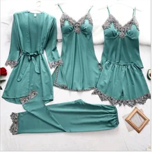 

Five-piece Silk Robe Sleep Wear Women Dress Plus Size Robe Sets Rabbit Fur Ladieshome Service Suit Robe and Nightgown Sets S-3XL