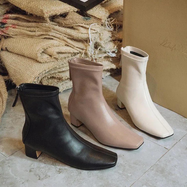 

MLJUESE 2020 women ankle boots microfiber winter short plush zippers square toe high heels female boots party dress size 40