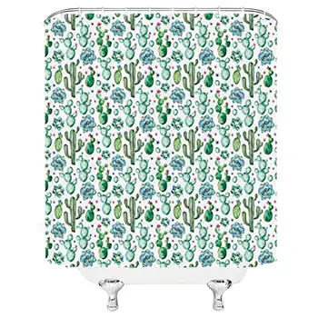 

Cactus Shower Curtain, Hand Painted Style Exotic Plant Saguaro Prickly Pear Succulents Spikes Arrangement, Cloth Fabric Bathroom