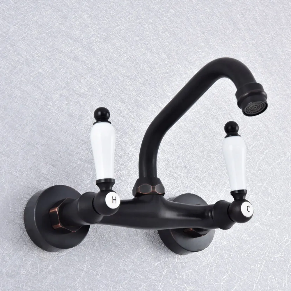 

Kitchen Wet Bar Bathroom Vessel Sink Faucet Black Oil Rubbed Brass Wall Mounted Swivel Spout Mixer Tap Dual Ceramic Lever msf755