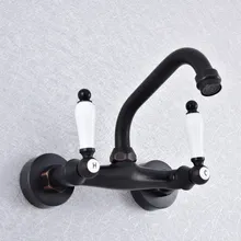 Kitchen Wet Bar Bathroom Vessel Sink Faucet Black Oil Rubbed Brass Wall Mounted Swivel Spout Mixer Tap Dual Ceramic Lever msf755
