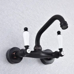 Kitchen Wet Bar Bathroom Vessel Sink Faucet Black Oil Rubbed Brass Wall Mounted Swivel Spout Mixer Tap Dual Ceramic Lever msf755