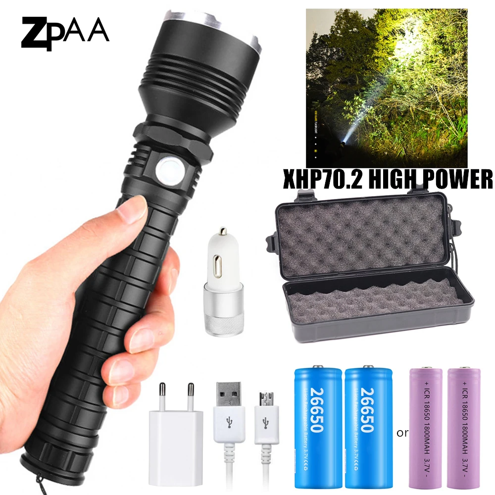 

90000LM XLamp XHP70.2 Most Powerful LED Flashlight USB Zoom Torch XHP70 XHP50 18650 26650 Rechargeable Battery Flashlight