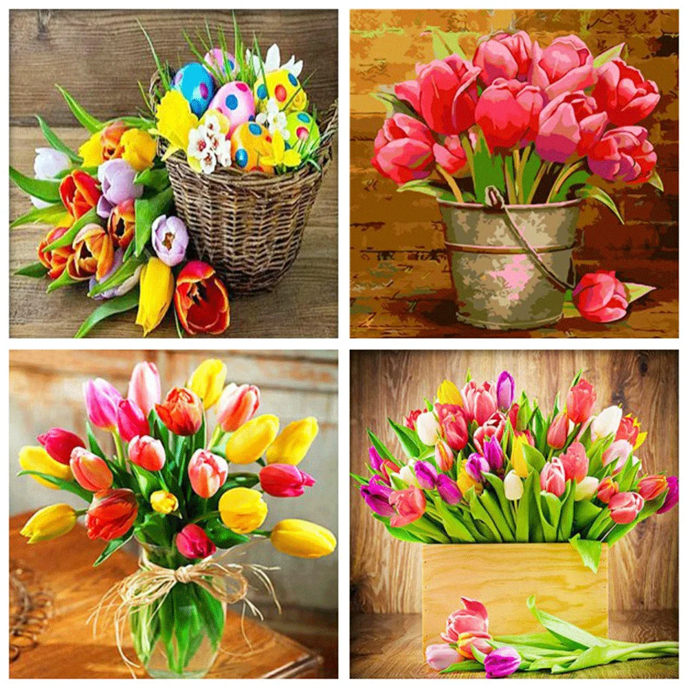 HUACAN 5D DIY Diamond Mosaic Tulip Flower Painting Vase Full Embroidery Cross Stitch Kits Home Decoration | Дом и сад