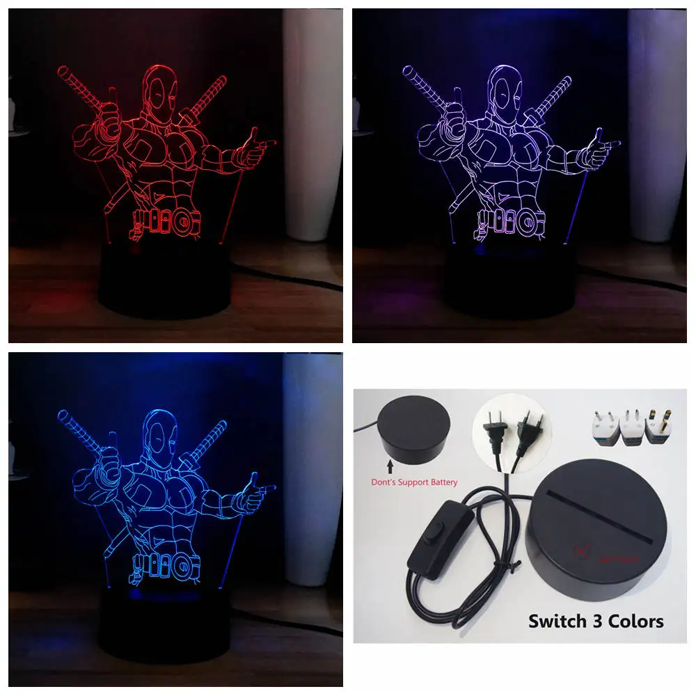 Switch One 3 Color Wolverine RGB многоцветная 3D прикроватная лампа Дедпул от Marvel супергерой USB MINI Touch светодиодный ночник Подарки для детей - Emitting Color: Switch One 3 Color