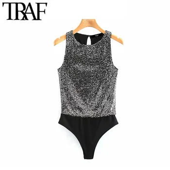 

TRAF Women Vintage Sexy Sequin Patchwork Bodysuits Fashion O Neck Sleeveless Party Club Female Rompers Chic Tops