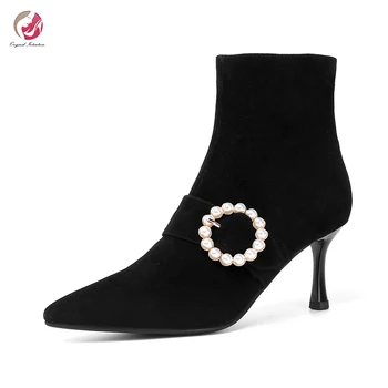 

Original Intention Stylish Pearl Buckles Ankle Boots Woman Pointed Toe Thin Heels Elegant Lady Shoes Mature Flock Black Sexy