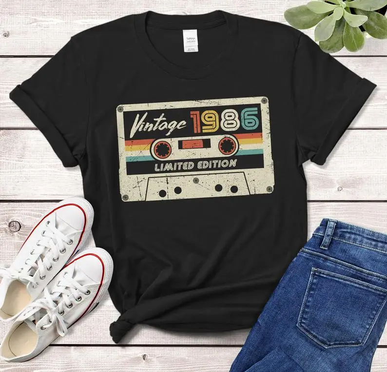 Tanie Vintage 1986 Retro kaseta T-Shirt wykonany w 1986 urodziny 34 sklep