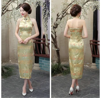 

Golden Backless Novelty Chinese Modern Dress For Women Vestidos Sleeveless Sexy Long Cheongsam Evening Dresses Oriental Qipao