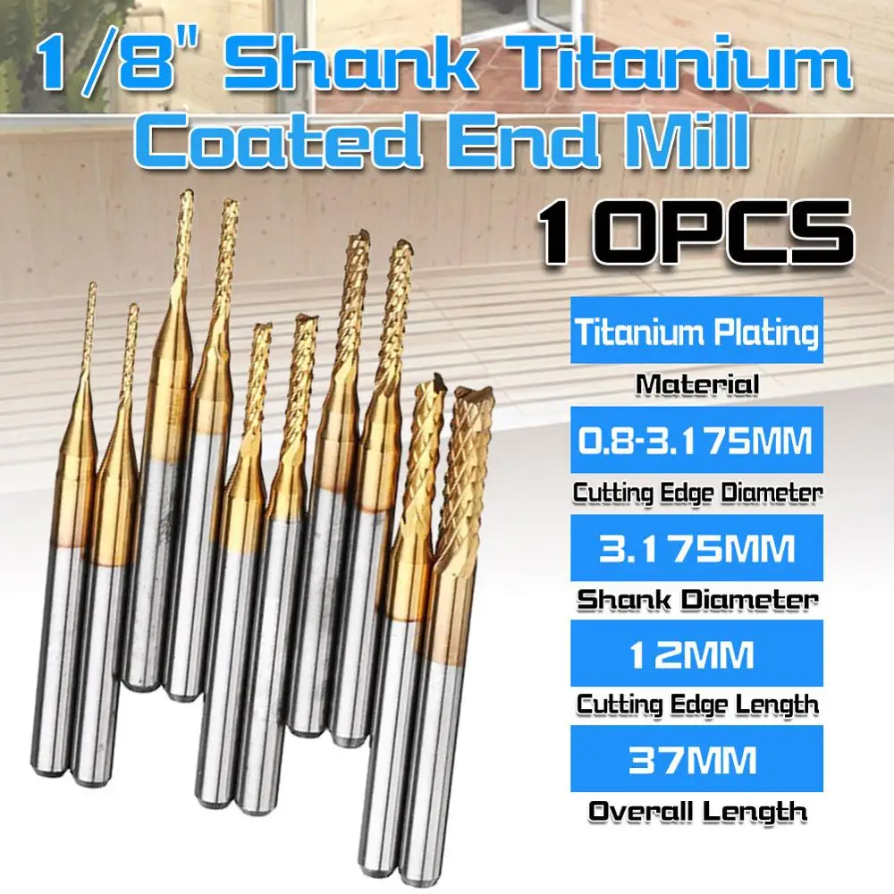 

New Durable 10Pcs End Mill 1/8" Shank Titanium Coated End Mill Carbide CNC Milling Cutter Router Bits
