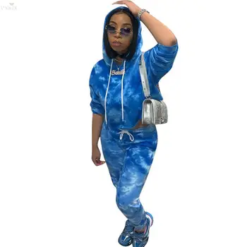 

Womens Tracksuit Set Tie-dye Sky Print Full Sleeve Hooded Top Two Piece Set Tp And Pants Suit Party Women Tracksuit Sweatsuit