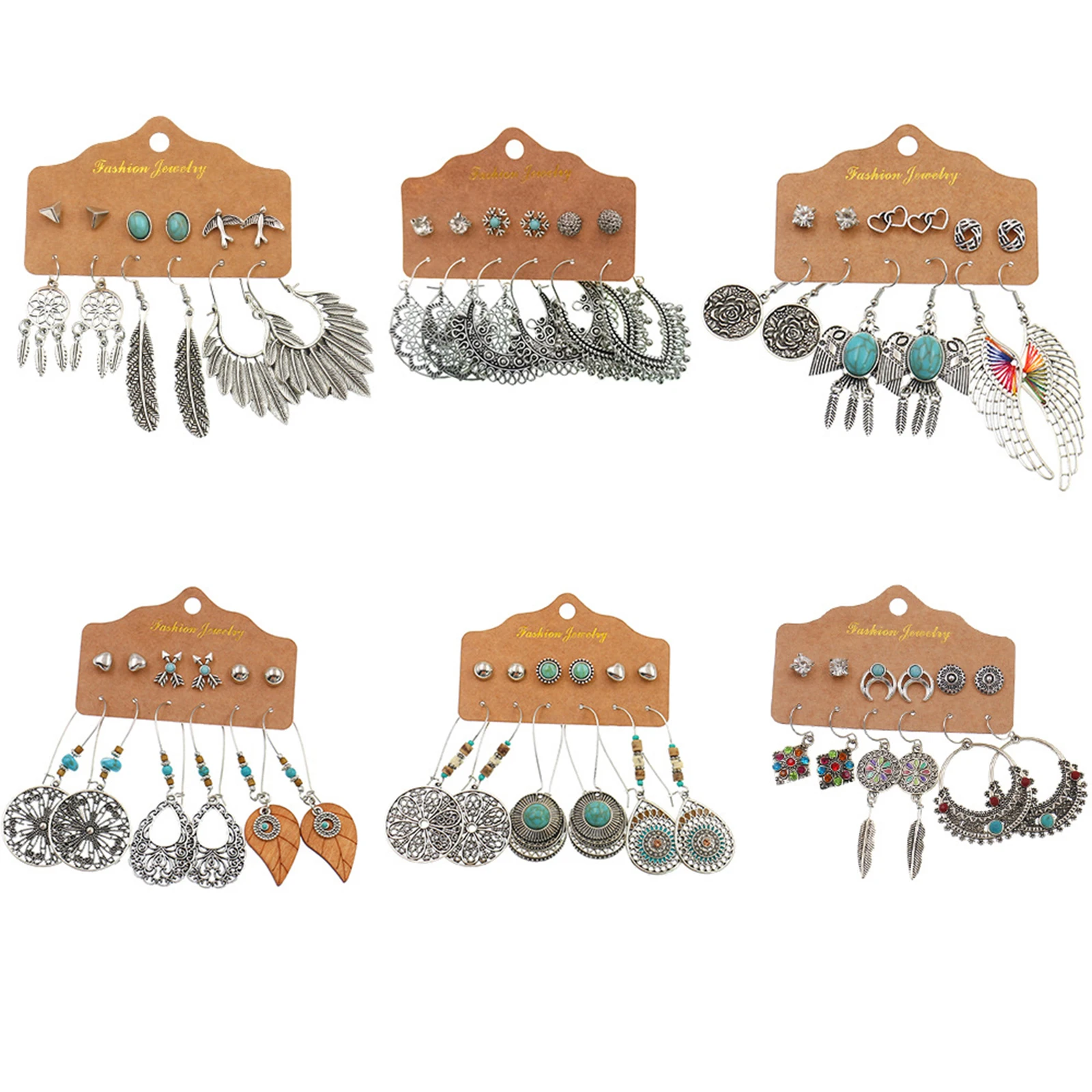 1 Set ( 6 Pairs/Set) Vintage Acrylic Bohemia Drop Earrings For Women Antique Silver Color Dream Catcher Feather Daily Jewelry