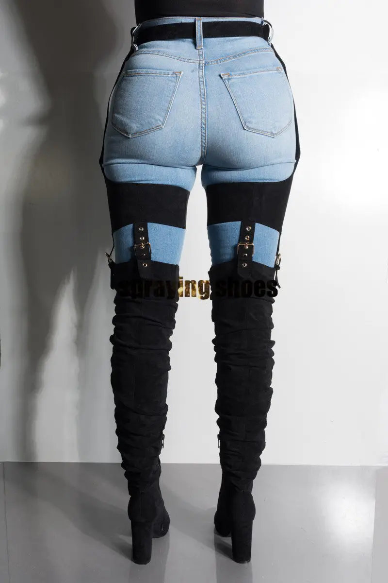 Wild Sexy Belted Thigh High Boots Women Chunky Heels Pointy Toe Winter Boots Red Fashion Ladies Shoes Chap Boots Woman