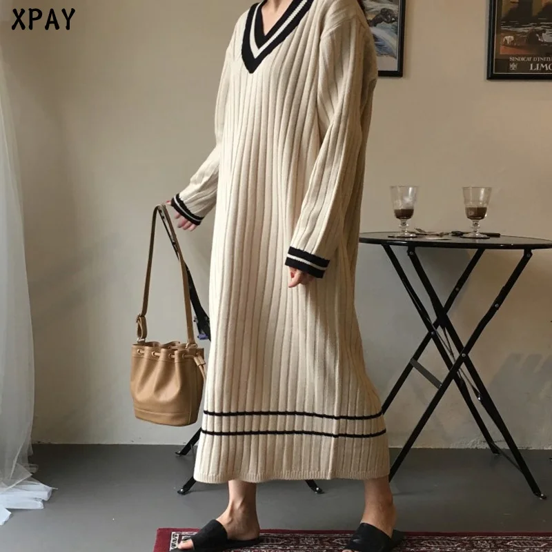 

Elegant Autumn Winter Sweater Knit Dress 2020 One-Piece V-Neck Beige Black Oversize Pullover Dress Woman Korean Knitted Dresses