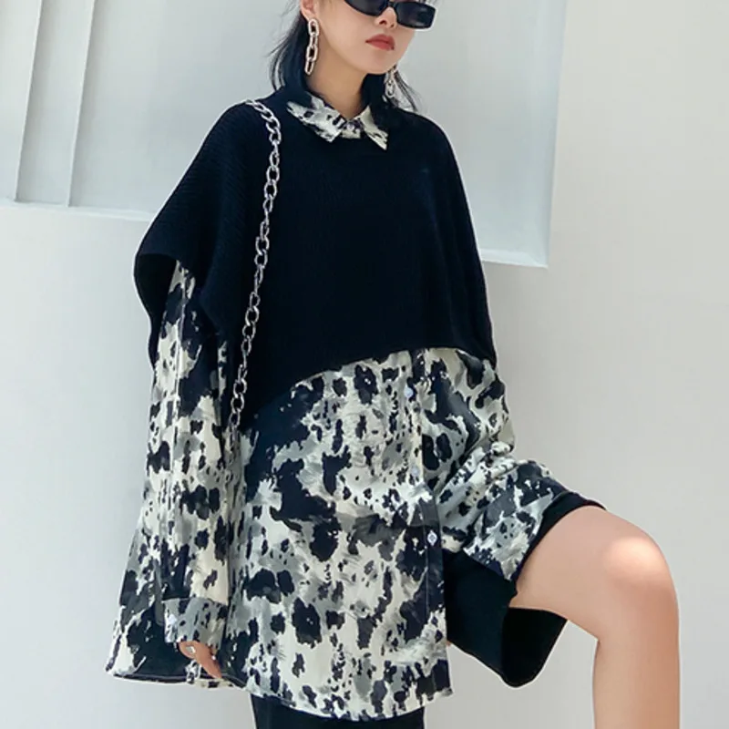 

XUXI Chiffon Printing Fashion Stitching Women Shirt Streetwear Long Sleeve Vintage Chemise Femme Autumn 2020 FZ3046