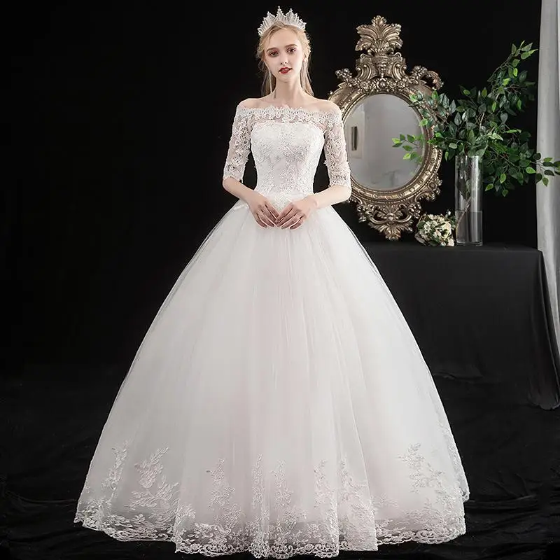 Vestido De Noiva Новое красное кружевное свадебное платье Элегантное вырез лодочкой с коротким рукавом и аппликацией размера плюс простое тонкое бальное платье для невесты L - Цвет: Off white floor