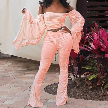 

Autumn Women Slash Neck Off Shoulder Long Sleeve Tube Top and Ruched Pants Lady Two Piece Classy Suits