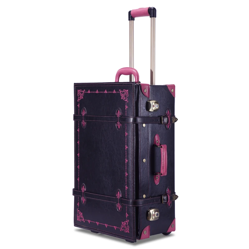 NEW20/24 дюймов винтажный чемодан для переноски багажа Жесткая Сторона вращающаяся Спиннер Ретро стиль для путешествий чемодан - Цвет: Black pink