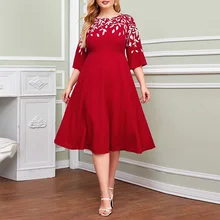 

Women Casual Dress Plus Size Elegant Dress for New Year 2022 Summer Leaf Print Short Sleeve Midi Dress Fit Flare Party Outfits