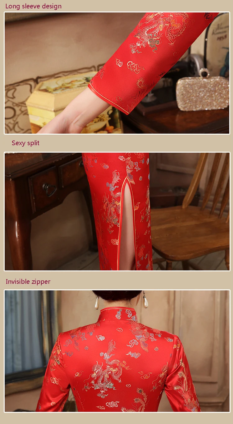 Новое улучшенное китайское длинное платье Cheongsam элегантное плотное платье с принтом Cheongsam Show T_shirt cheongsam платье Элегантное Атласное Свадебное Платье