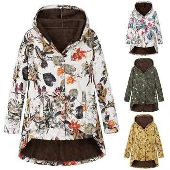 

2020 Plus Size Women Chic Winter Floral Print Plushy Lining High-low Hem Warm Coat Winter Jacket Women Thick Warm Jacket Female