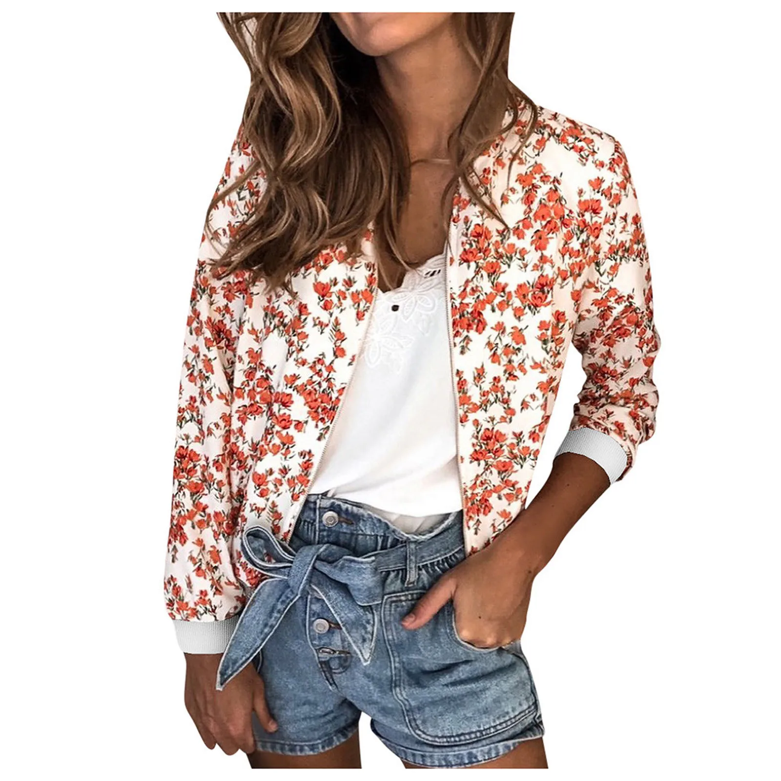 Women Jackets Retro Floral Printed Ladies Zipper Up Bomber Outerwear Spring Long Sleeve Short Thin Slim Casual Pocket Biker Coat 1