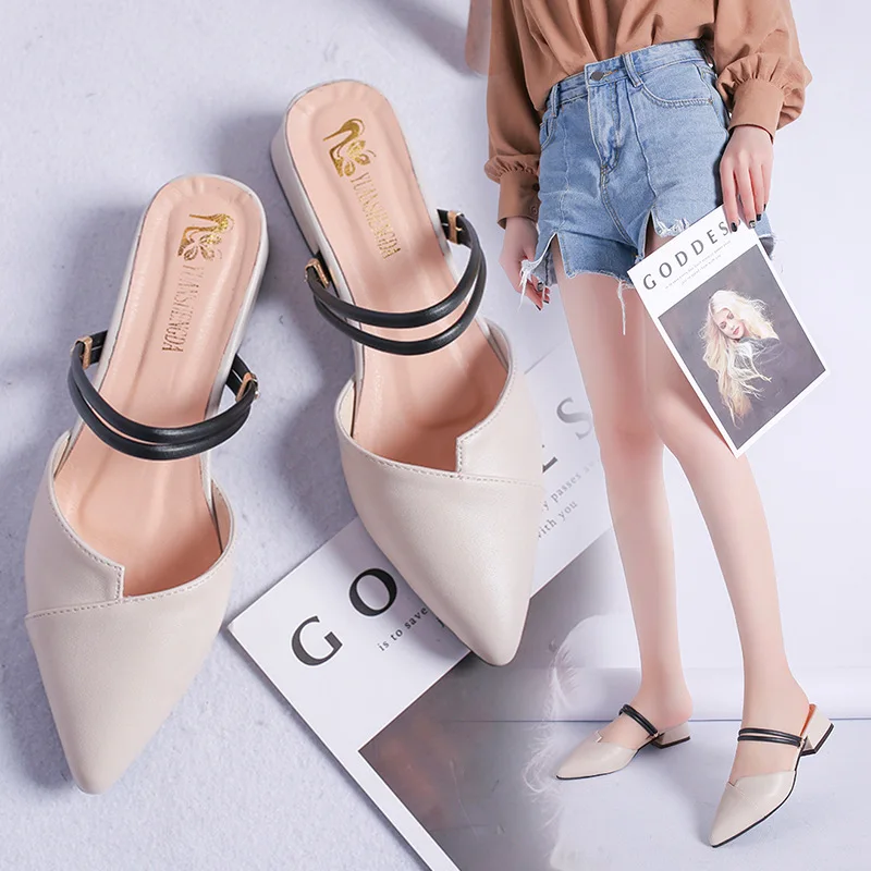 

2020 New Style Closed-toe ban tuo xie Women's Summer Outer Wear Semi-high Heeled Pointed-Toe Europe And America Large Size Doubl