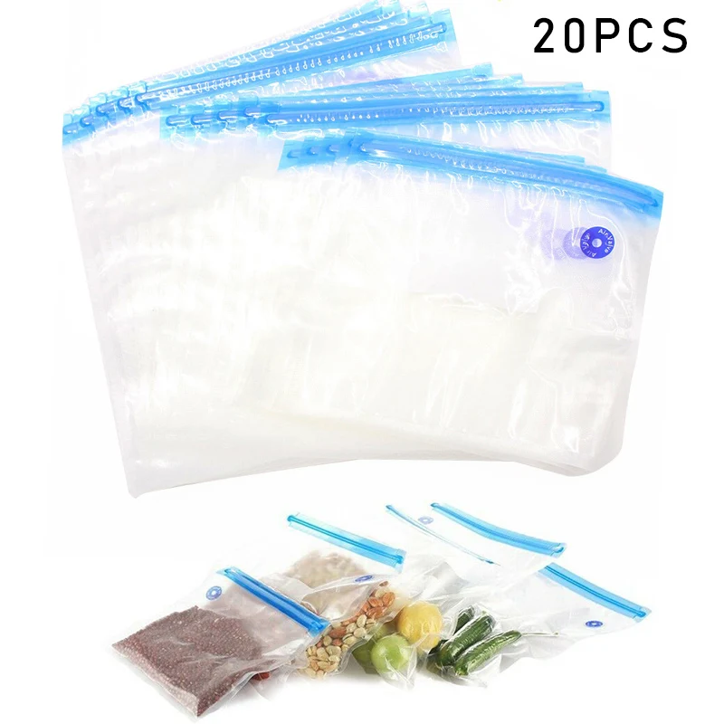 Vacuum Sealing Food Storage Bags Kitchen Reusable W/ Air Pump Sealing Clips Transparent bag design