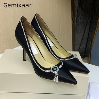 

Sewing Crystal Tassels Party Shoes Woman Stiletto Heel Pointed Toe Luxury Satin Rhinestone High Heel Pumps Women
