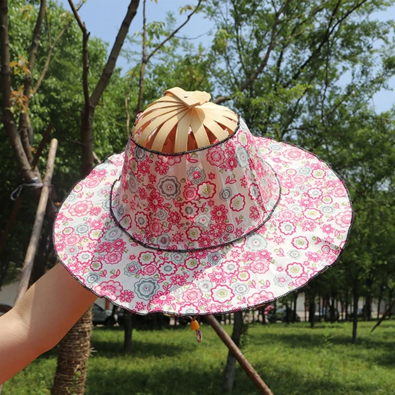 D0JD Bamboo Foldable Hand Fan Sun Hat 