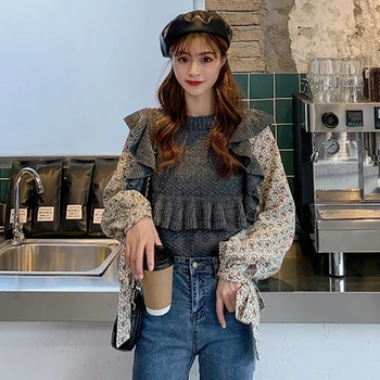 

Personalized Design Fake Two Piece Pullover Women Sweet Floral Long Sleeve Splicing Knitwear Autumn Women Clothes