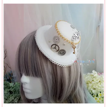 

Womens Lolita Cosplay Little Hat Hairpin Steampunk Mini Top Hat Vintage Fedoras Hat Hair Accessory Handmade with Gear Bat Chain