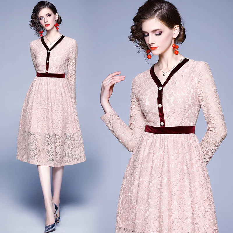 

Photo Shoot Ozhouzhan New Products WOMEN'S Dress New Style Lace Splicing Dress Big Hemline Dress
