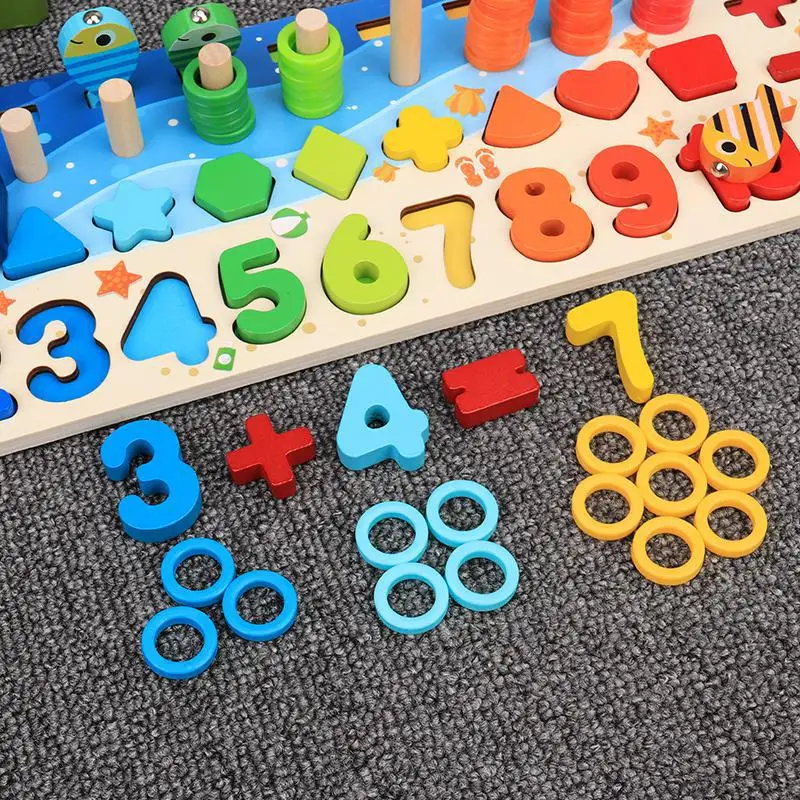 Wooden Math Fishing Game Kids Montessori Count Shape Match Educational Toys #8Y 