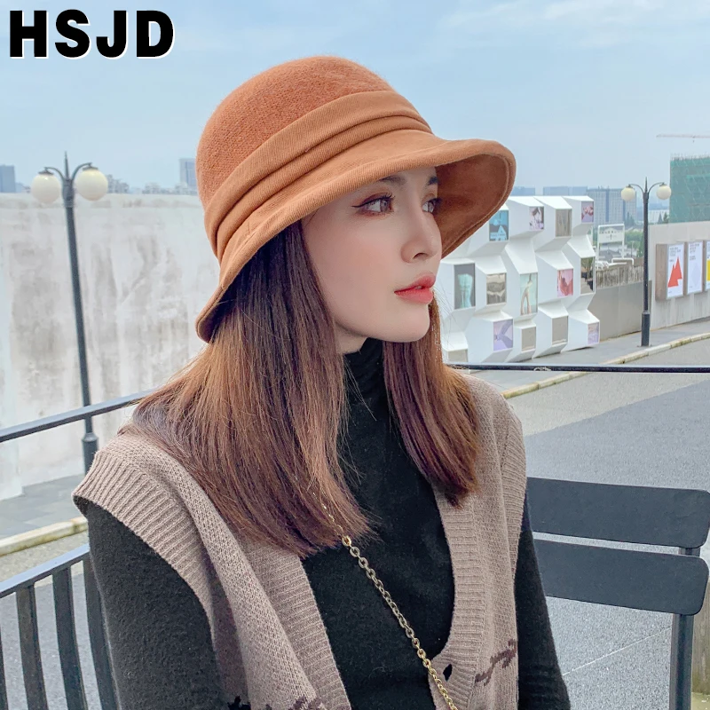 

Autumn Winter Women's Knitted Bucket Hats Wide Brim Foldable Fisherman's Hat Warm Girls Winter Hats Female Beanies Caps Folds