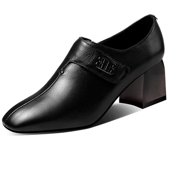 

Women's genuine leather metal buckle thick high heel sqaure toe pumps OL style female comfortable dress shoes for women hot sale