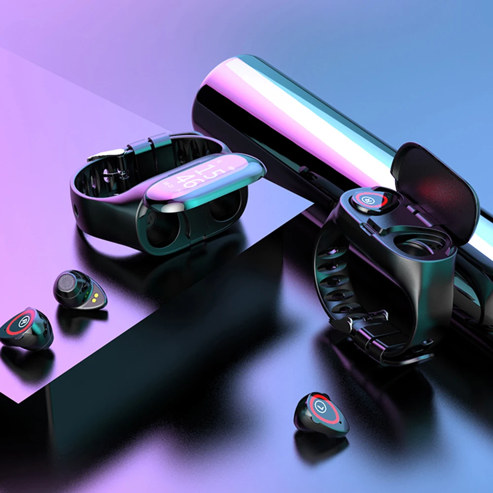 M1 TWS Wireless Bluetooth 5.0 earphone smart watch Health Tracker Pedometer Fitness Bracelet Smart Wristband for sport