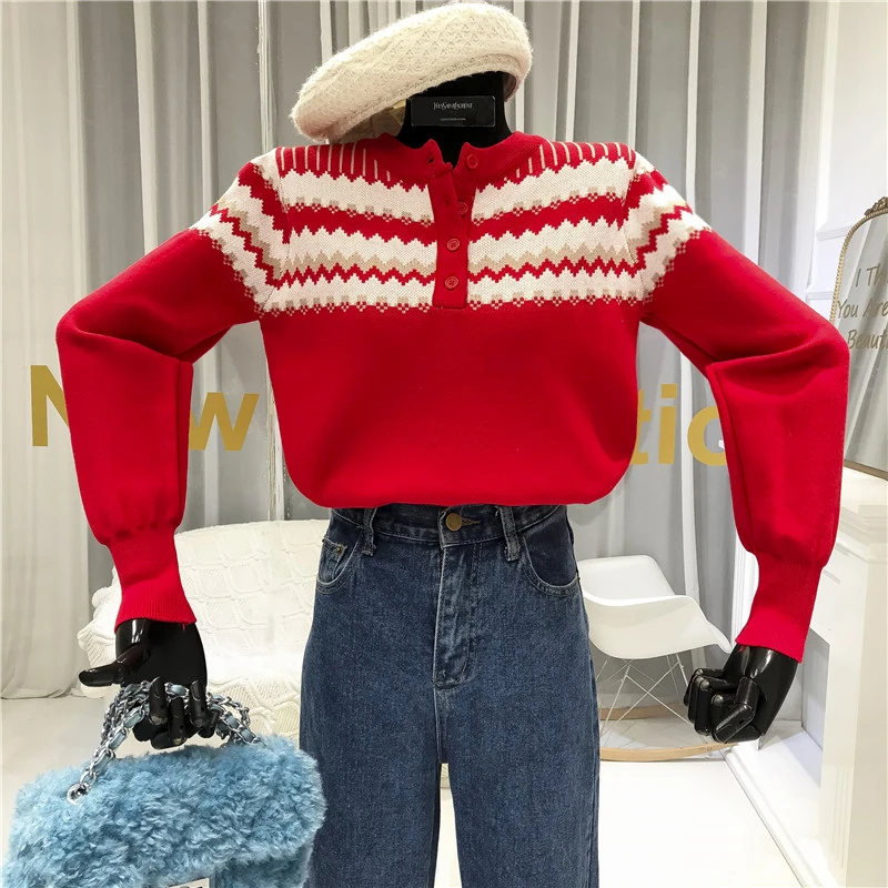 

Women Sweater and Pullovers 2019 Autumn Winter O-Neck Geometric Single Breasted Women's Free Knitted Sweater
