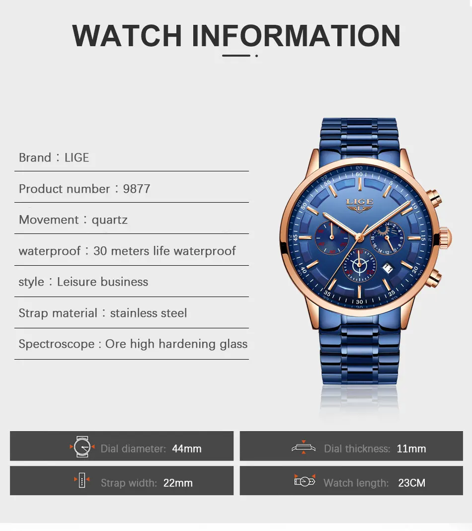 New Fashion Men Watches LIGE Top Brand Luxury Watch Man All Steel Waterproof Quartz Wristwatch Date Clock Relogio Masculino+Box