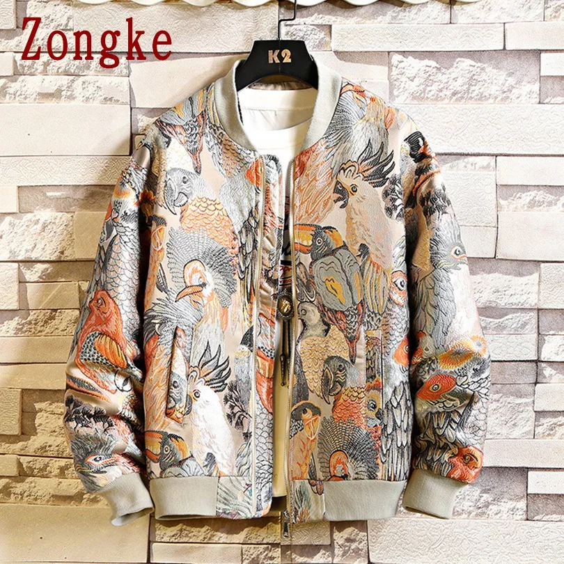 Cyan Green Zongke куртка с вышивкой попугая, мужская уличная куртка-бомбер, Мужская хип-хоп зимняя куртка, Мужская куртка, пальто, 5XL, осень, новинка - Цвет: Cyan Green