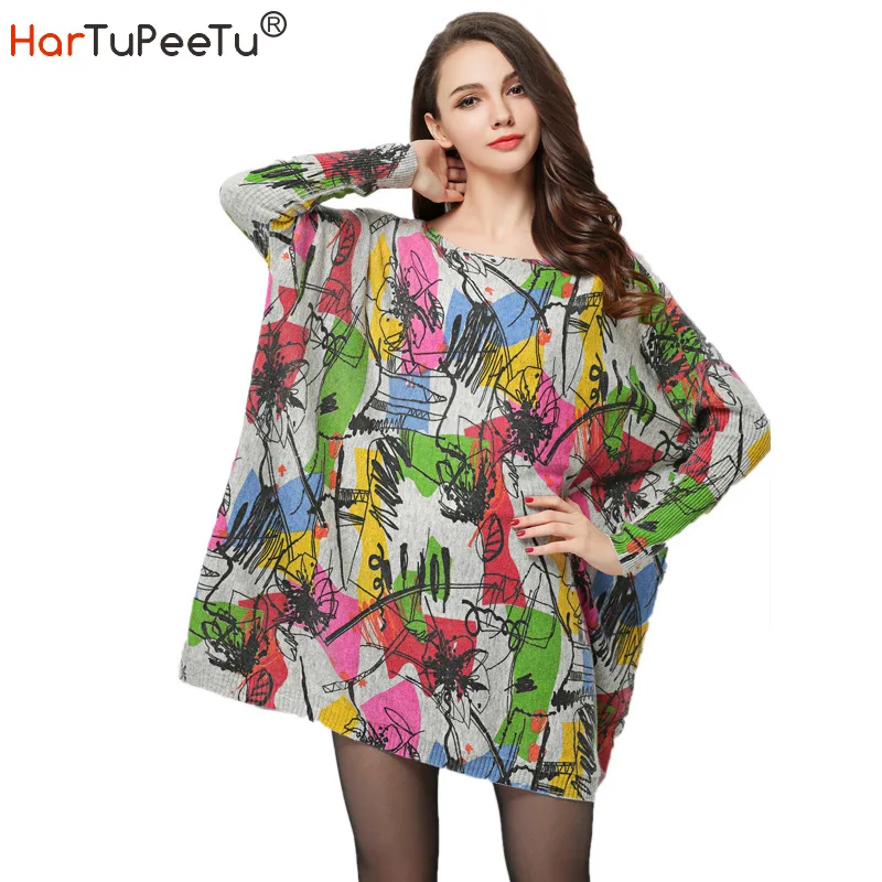 

2020 Autumn Sweater Women Oversize Knit Sweaters Bawting Long Sleeve Basic Tops Colourful Loose Causal Funny Graffiti Homewear
