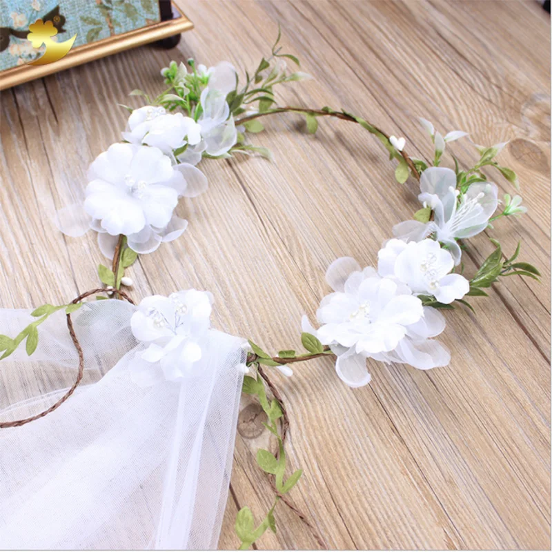 SERMENT Rattan Handmade Section Cloth White Garland Seaside Wreath Veil One-Layer 150cm Wedding Accessories