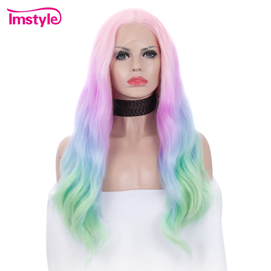 Imstyle Розовый Фиолетовый Синий Зеленый парик Омбре синтетический парик на кружеве разноцветные парики для женщин термостойкие вечерние парики
