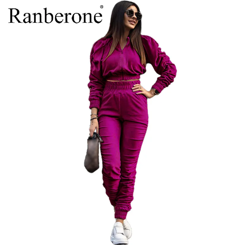 

2 PCS Women's Tracksuit Long Sleeve Folds Female Sweatshirt Set Pocket Trousers Sweatpants Undefined Zipper Fitness Sport Suit