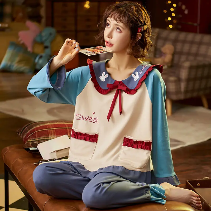 

New Cotton Pajamas Set Winter Long Sleeve Nightwear Turn-down Collar Cute Pocket Sleepwear Loose Two Piece Set Women Clothes