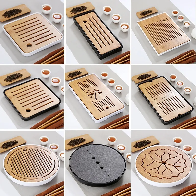 buy Bamboo Tea Tray Solid Bamboo Tea Board Kung Fu Tea Set with Drain Rack Tools Tea Serving Teapot Tray Set Teal Kitchen Accessorie