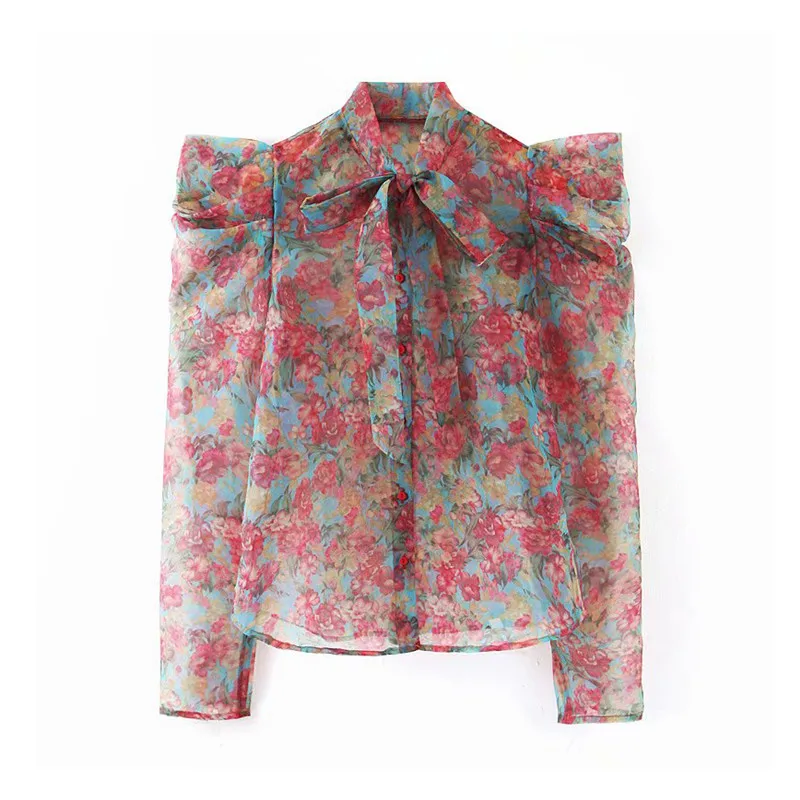 Tanie 2019 nowy kobiety sexy kwiatowy organze bluzka przezroczysty styl muszka kołnierz z długim rękawem kobiet przepuszczalność chic topy blusas