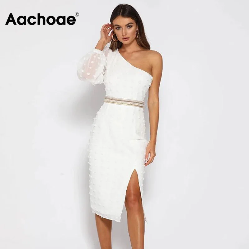 

Sexy One Shoulder Dots Embroidery Slim Dress Women Fashion Long Sleeve Side Split Party Dress Ladies Elegant Mini Dresses